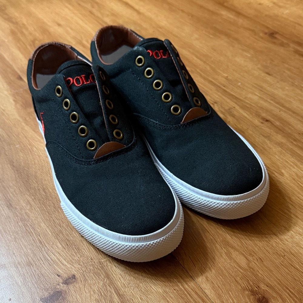 Polo by Ralph Lauren Black Canvas Slip-On Sneakers with White Soles